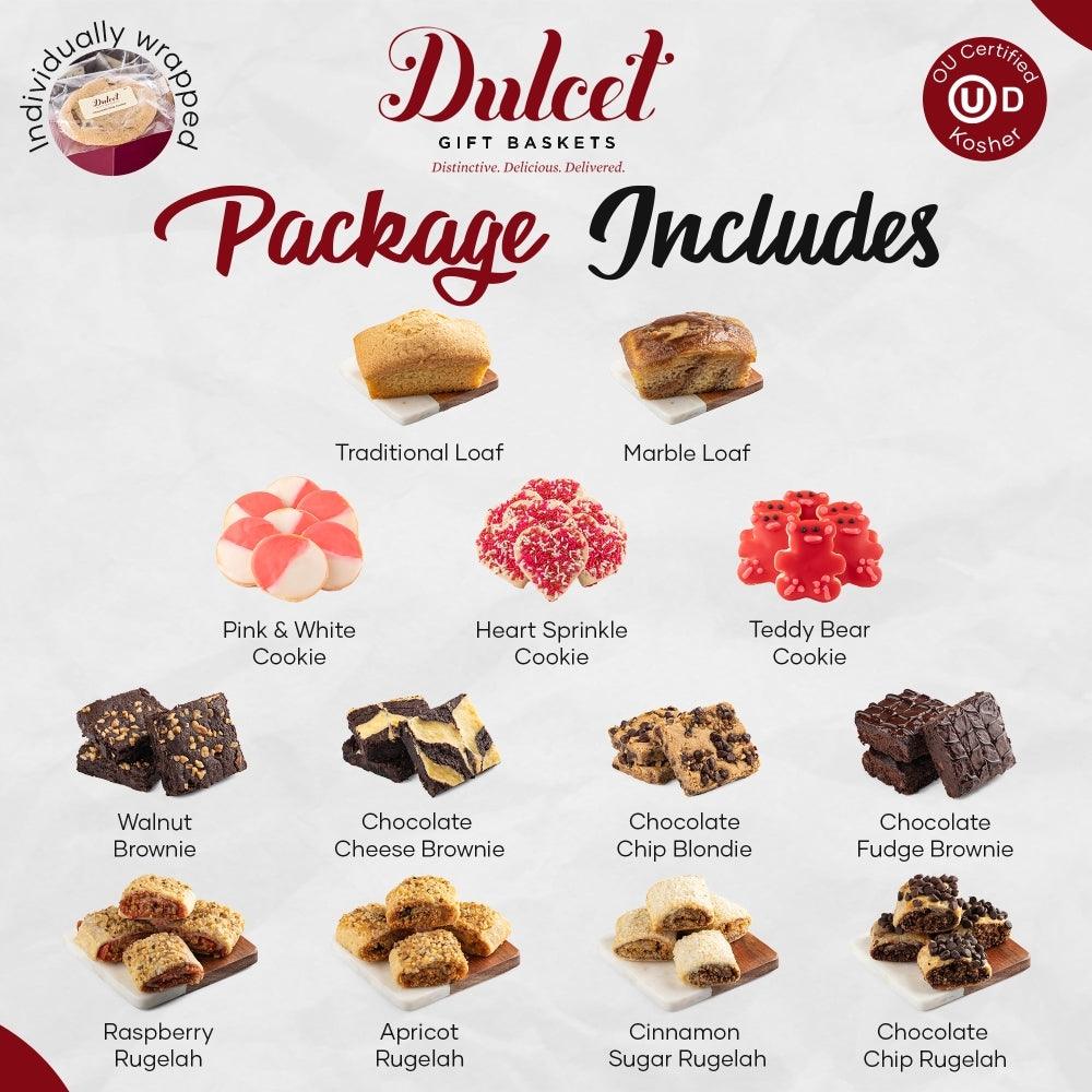 Gift box package layout showing assorted cookies and brownies for Valentine’s Day