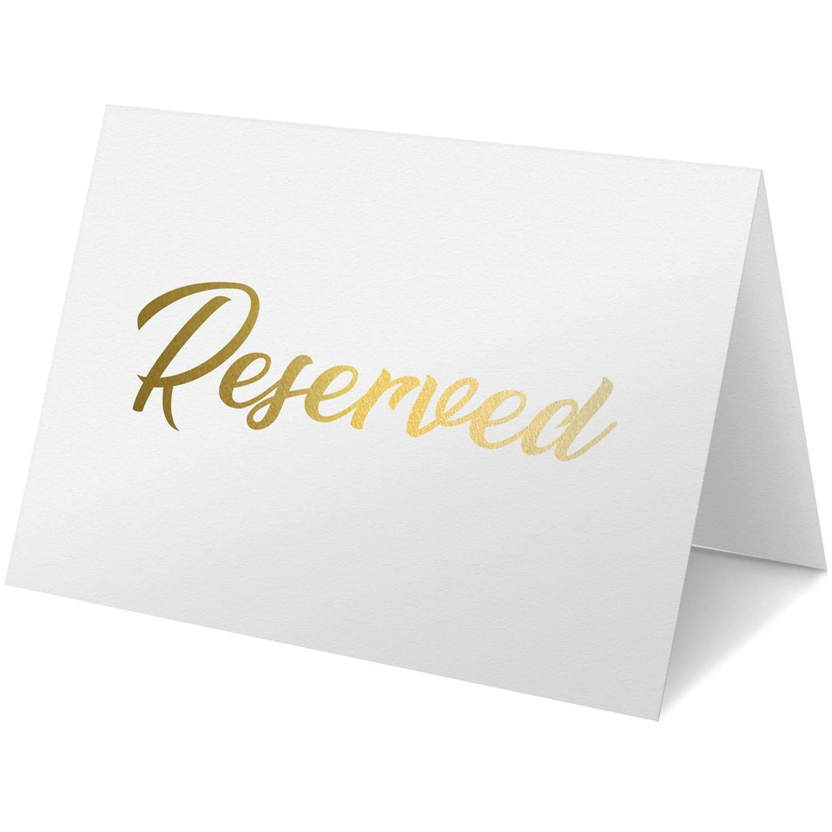White reserved table tent sign with gold “Reserved” lettering, foldable stand format