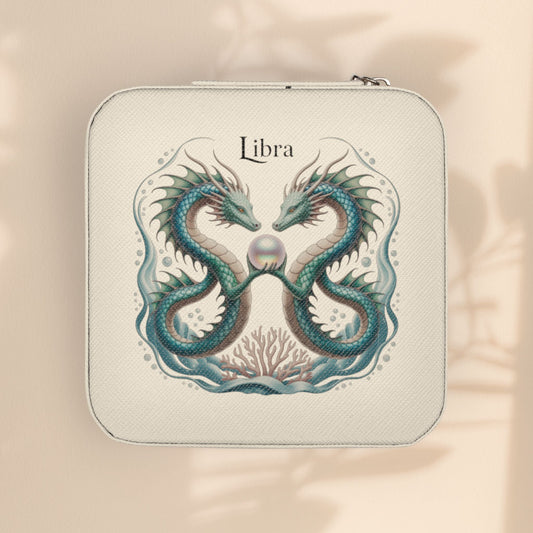 Libra Zodiac Jewelry Travel Case - Dual Sea Dragon and Pearl Design, Compact Zip Jewelry Organizer in Ivory, Pink, Soft Gold, or Tiffany Blue