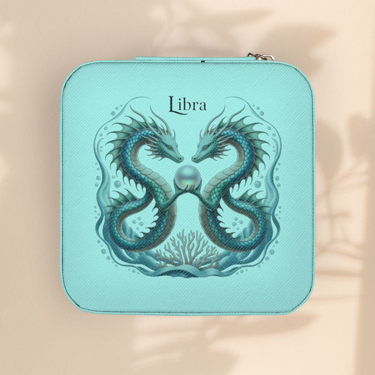 Libra Zodiac Jewelry Travel Case - Dual Sea Dragon and Pearl Design, Compact Zip Jewelry Organizer in Ivory, Pink, Soft Gold, or Tiffany Blue