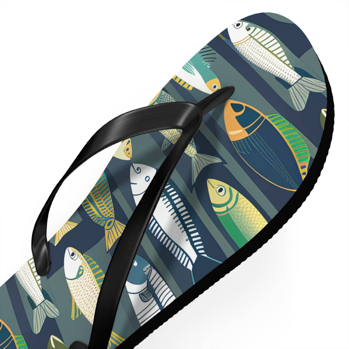 Single fish-print flip flop with black strap over dark blue patterned footbed