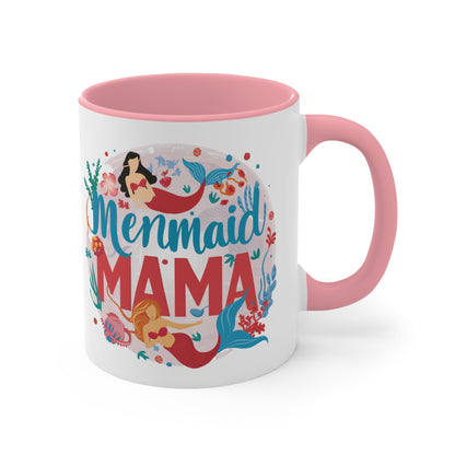 Mermaid Mama Mug – Mother & Daughter Mermaid Illustration | 11oz White Ceramic with Coloured Interior | Pink, Red or Black | Ocean Mum Coffee Tea Gift