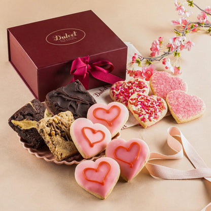 Classic Valentines sweets gift basket with maroon box, ribbon, and heart-shaped cookies