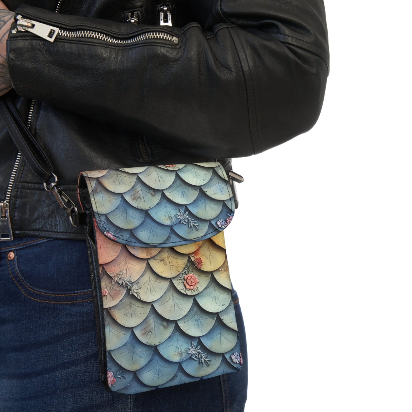 Mermaid Scale Phone Wallet Crossbody – 3D Sculptural Pastel Scale & Floral Relief Print | 7.5” × 4.9” Microfiber | Detachable Strap | Ocean Cottagecore Bag Gift