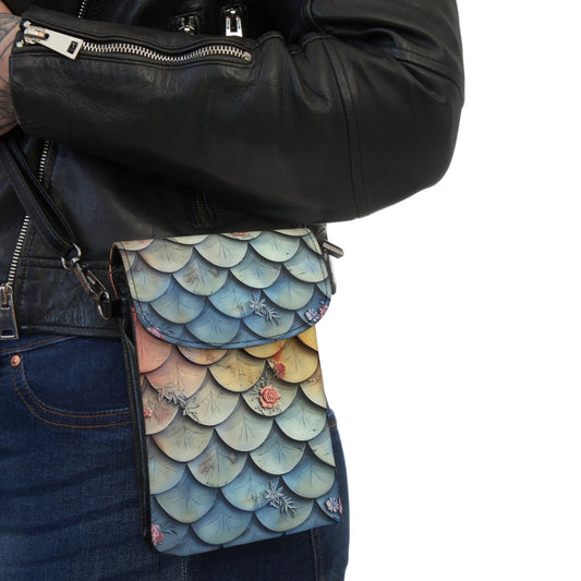 Mermaid Scale Phone Wallet Crossbody – 3D Sculptural Pastel Scale & Floral Relief Print | 7.5” × 4.9” Microfiber | Detachable Strap | Ocean Cottagecore Bag Gift