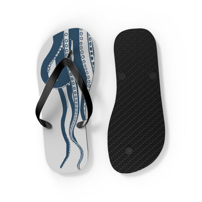Flip-flops with blue octopus print footbeds and black textured outsole