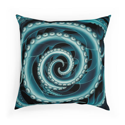 Octopus Spiral Tentacle Cushion – Hypnotic Bioluminescent Teal & Black Deep Sea Art | Cotton Cover | Double-Sided Print | 3 Sizes | Gothic Ocean Home Decor