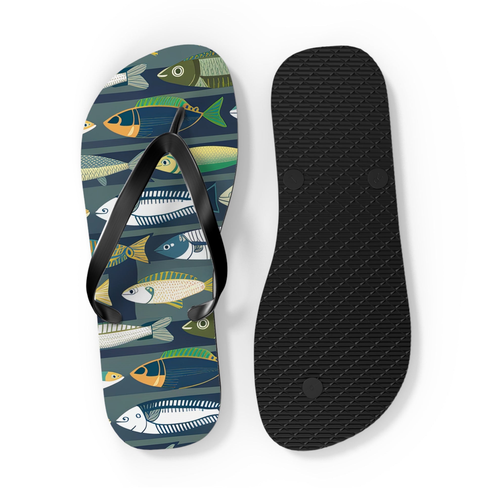 Flip flops front and back view: fish-pattern top with textured black sole