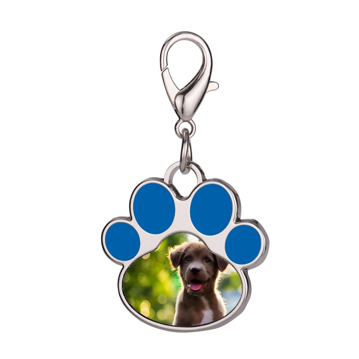 Dog paw print photo keychain charm with blue paw pads and silver lobster clasp