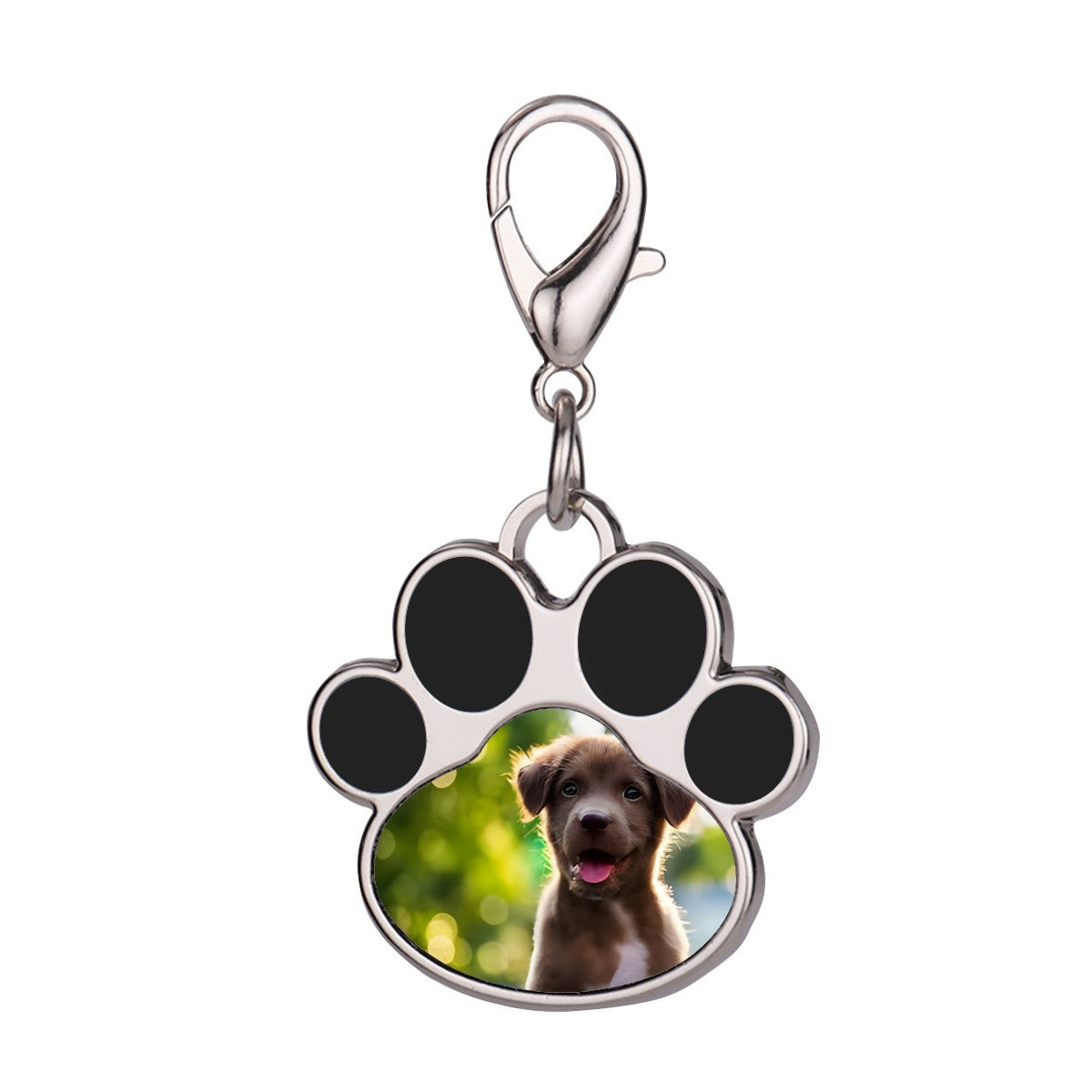 Dog paw print photo keychain charm with black paw pads and silver lobster clasp
