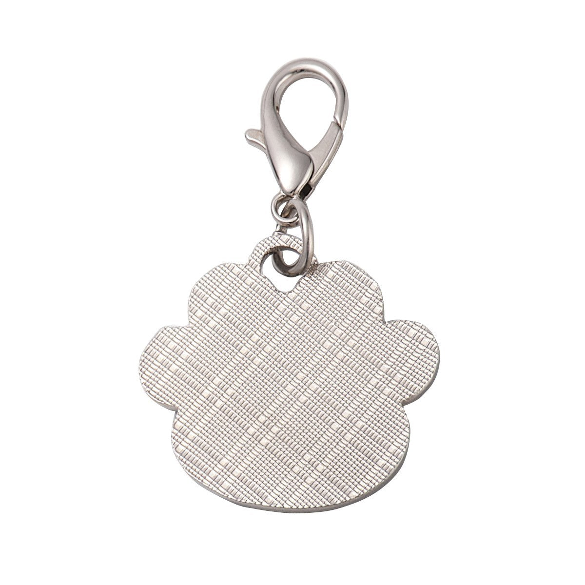 Dog paw print keychain charm with textured beige back and silver lobster clasp