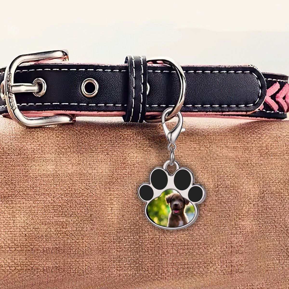 Paw print photo charm with silver lobster clasp on a dark blue dog collar
