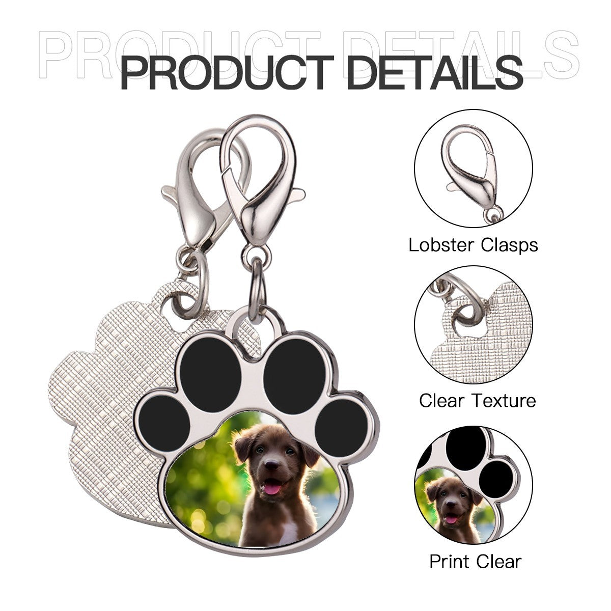 Dog paw print photo keychain charm with textured backing and silver lobster clasps