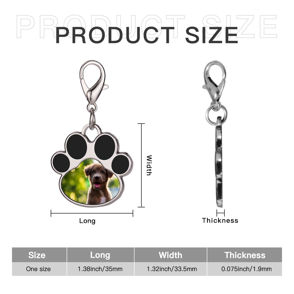 Dog paw print keychain charm size diagram with long and thickness measurements
