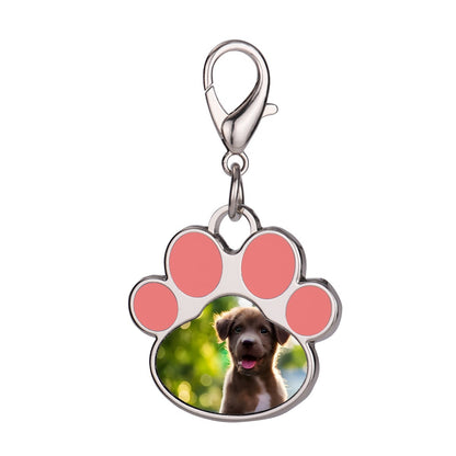 Dog paw print photo keychain charm with pink paw pads and silver lobster clasp