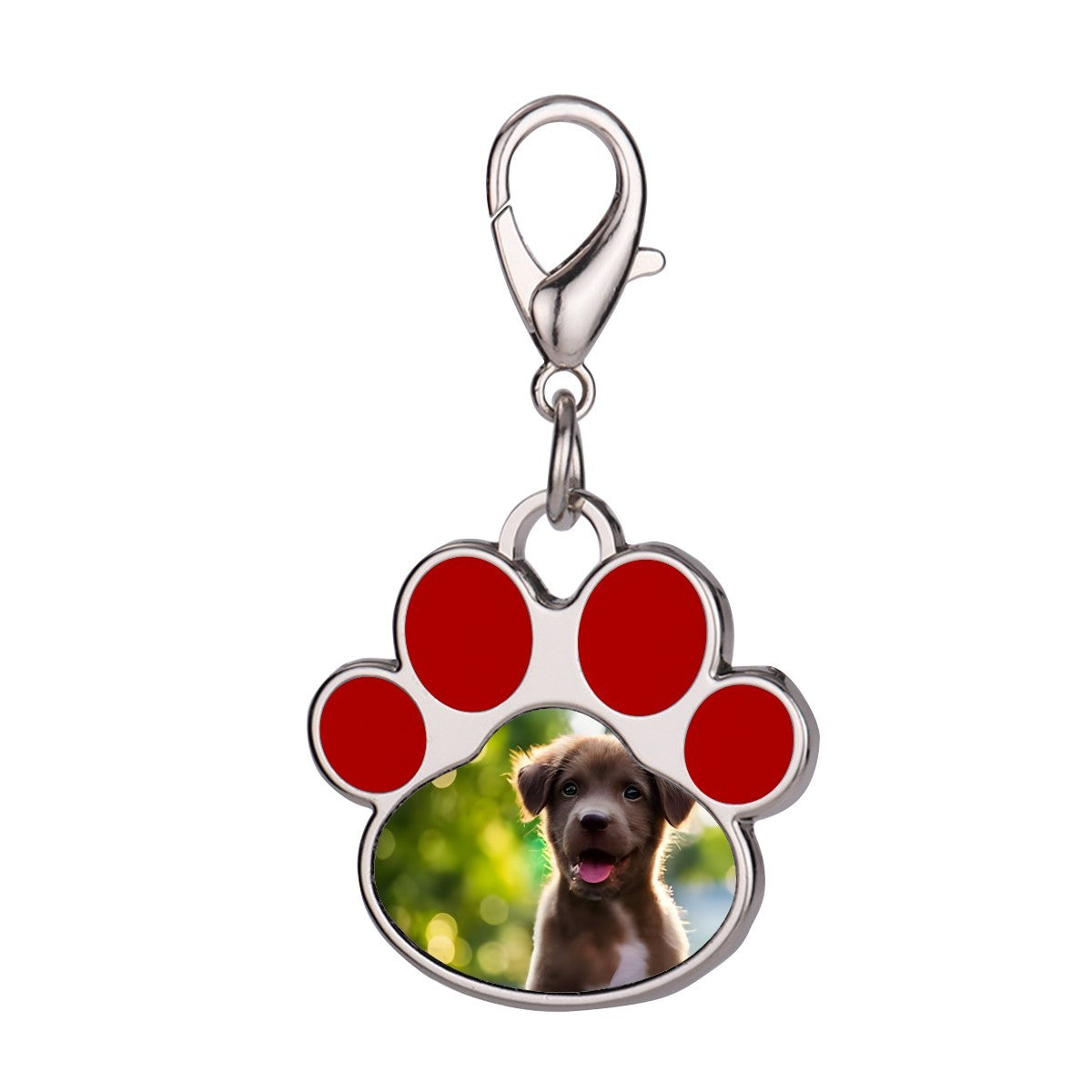 Dog paw print photo keychain charm with red paw pads and silver lobster clasp