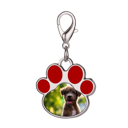 Dog paw print photo keychain charm with red paw pads and silver lobster clasp