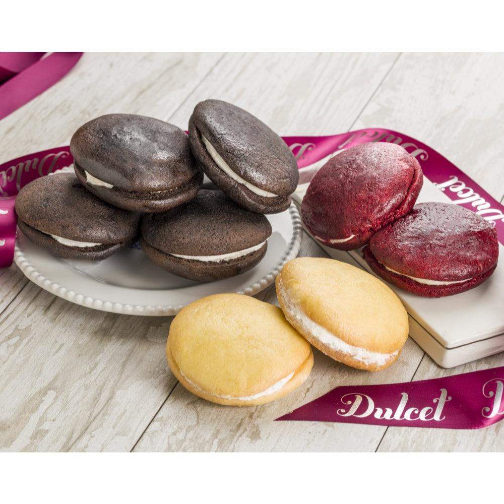 Assorted whoopie pies: chocolate, lemon, and red velvet sandwich cookies
