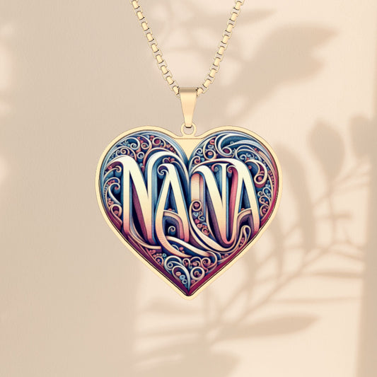 NANA Heart Necklace - Ornate Floral Heart Pendant Gift for Grandma in Stainless Steel, Gold Plated, or Sterling Silver