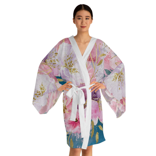 Pastel Roses Kimono Robe - Long Sleeve Floral Wrap for Lounging, Spa Days, Beach Cover-Ups, and Resort Wear XS to 2XL