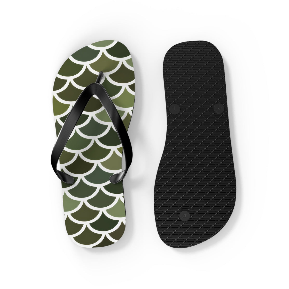 Green flip-flops with white scale pattern and black outsole shown separately