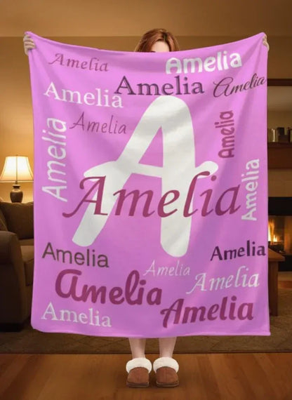Your Letter and Name - Personalized Name Blanket: Pink & White Flannel Fleece Throw - Dream Dragons