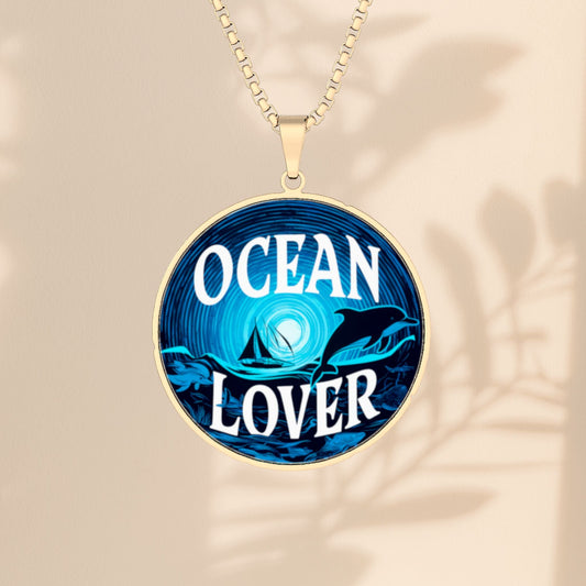 Ocean Lover Pendant Necklace – Dolphins, Sailboat & Moonlit Sea Art | Round Pendant | Stainless Steel, Gold Plated or Sterling Silver | 18" Chain | Beach Gift