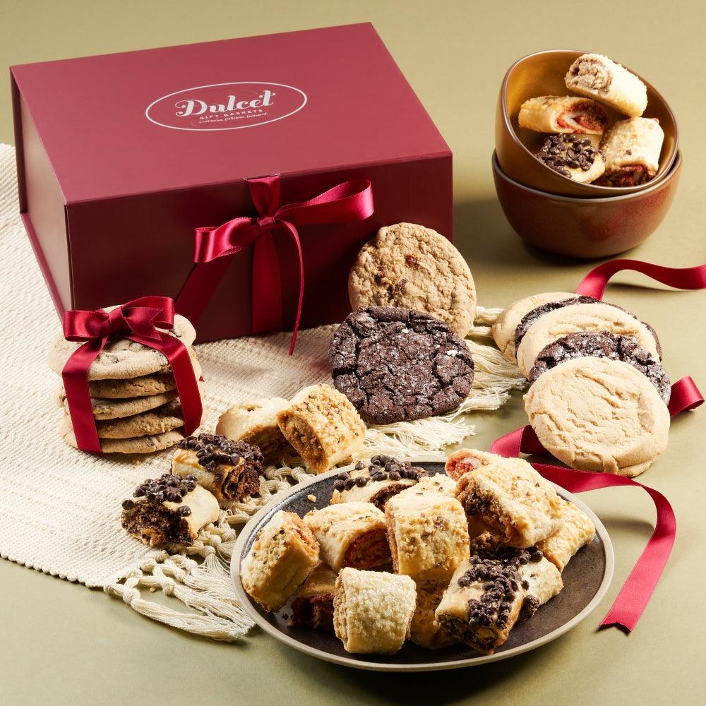 Cookie and Snacks gift basket with assorted cookies, burgundy box, and red ribbon