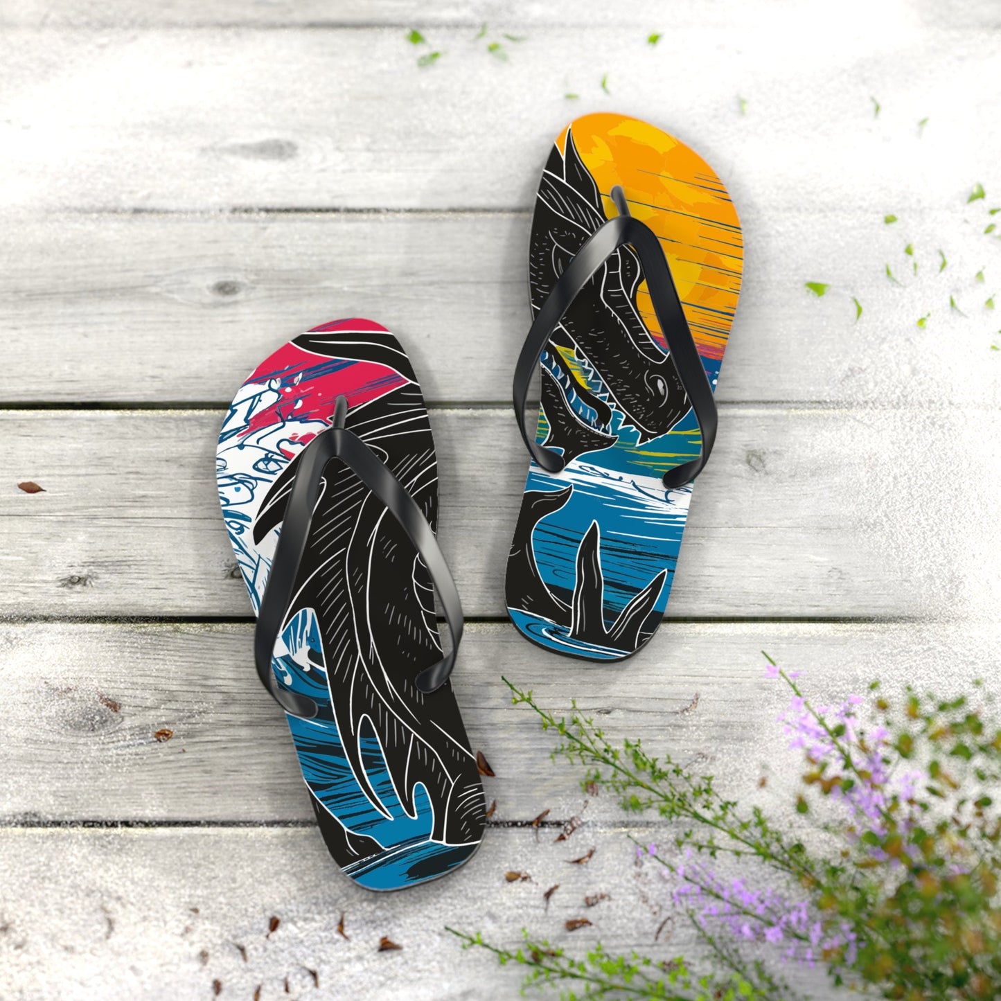 Pair of dragon flip-flops with black straps and multicolor dragon print, front view