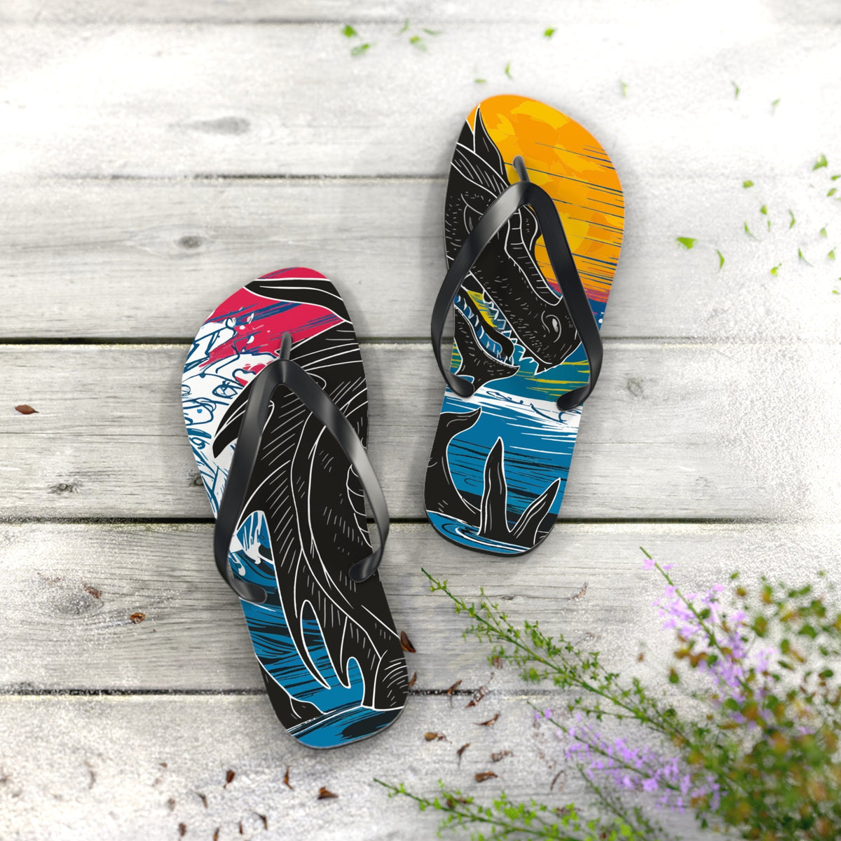 Pair of dragon flip-flops with black straps and multicolor dragon print, front view
