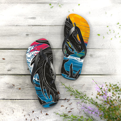 Pair of dragon flip-flops with black straps and multicolor dragon print, front view
