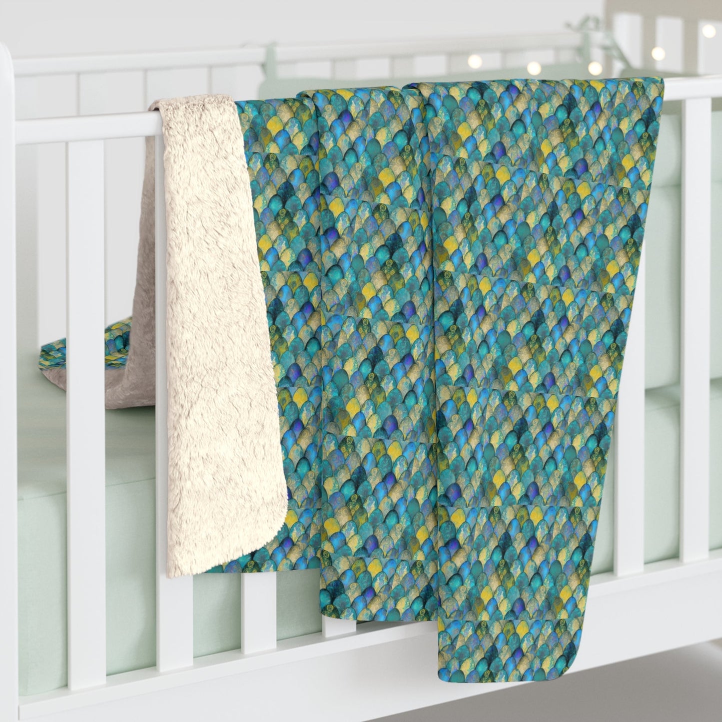 Mermaid Scale Sherpa Fleece Blanket – All-Over Teal & Ocean Scale Print | Plush Sherpa Back | 50” × 60” & 60” × 80” | Mermaid Gift
