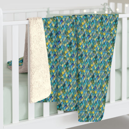 Mermaid Scale Sherpa Fleece Blanket – All-Over Teal & Ocean Scale Print | Plush Sherpa Back | 50” × 60” & 60” × 80” | Mermaid Gift