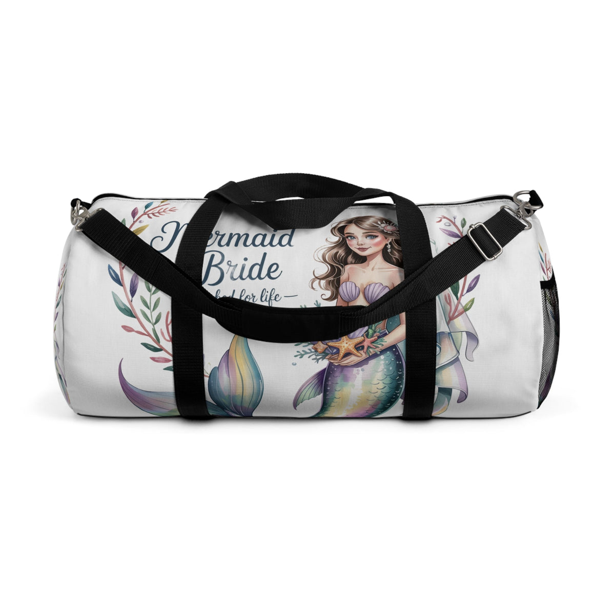 Mermaid Bride Duffel Bag – ‘Hooked for Life’ Watercolour Mermaid Bride Design | Small or Large | Bachelorette Bridal Shower Beach Wedding Honeymoon Gift