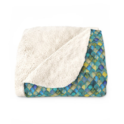 Mermaid Scale Sherpa Fleece Blanket – All-Over Teal & Ocean Scale Print | Plush Sherpa Back | 50” × 60” & 60” × 80” | Mermaid Gift