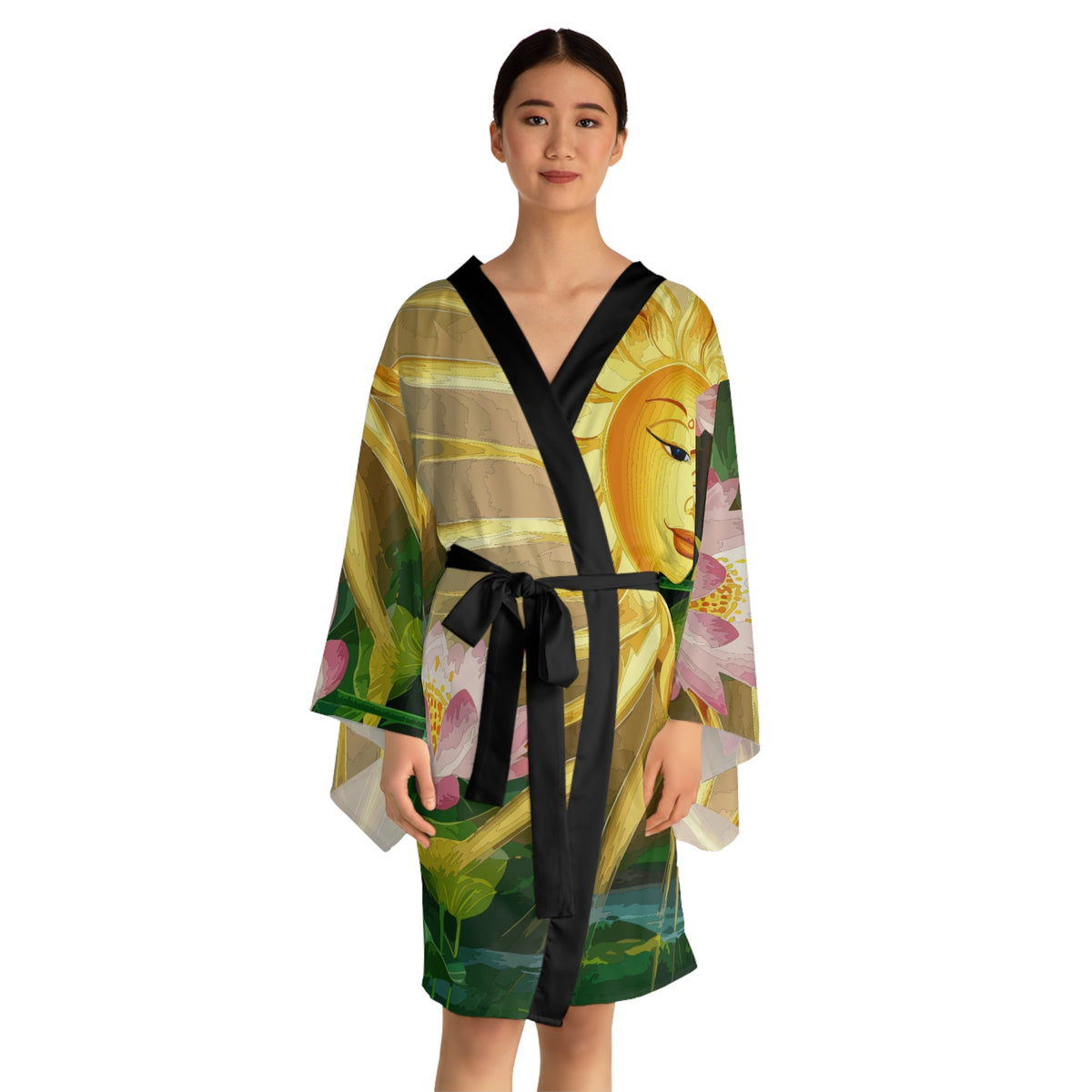 Lotus Sun Kimono Robe - Long Sleeve Lotus Flower Wrap with Golden Sun Design for Lounging, Spa Days, and Resort Wear XS to 2XL
