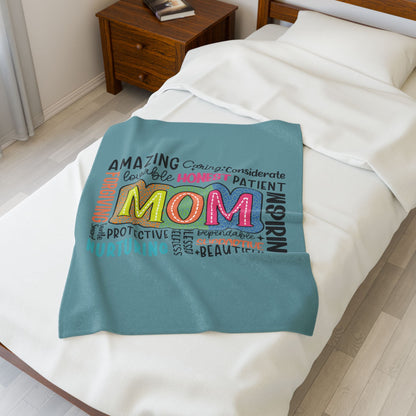 Mom Word Cloud Velveteen Plush Blanket – Amazing, Caring, Inspiring & More | Teal | Super Soft Throw | 3 Sizes | Mother’s Day Gift for Mum