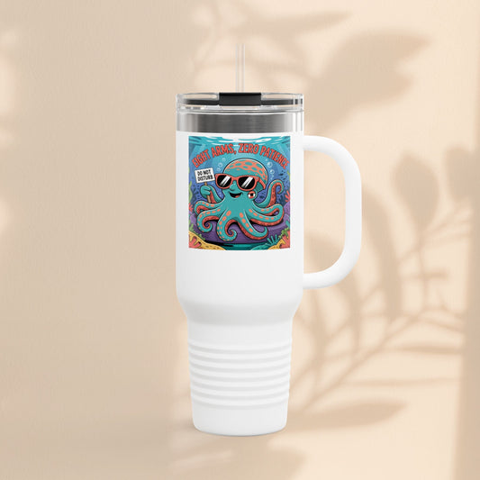 White insulated travel mug with handle, clear lid and straw; octopus graphic