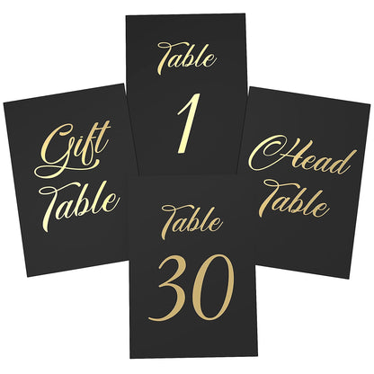 Set of black cards with gold foil “Gift Table,” “Head Table,” and numbers 1, 30, and Table