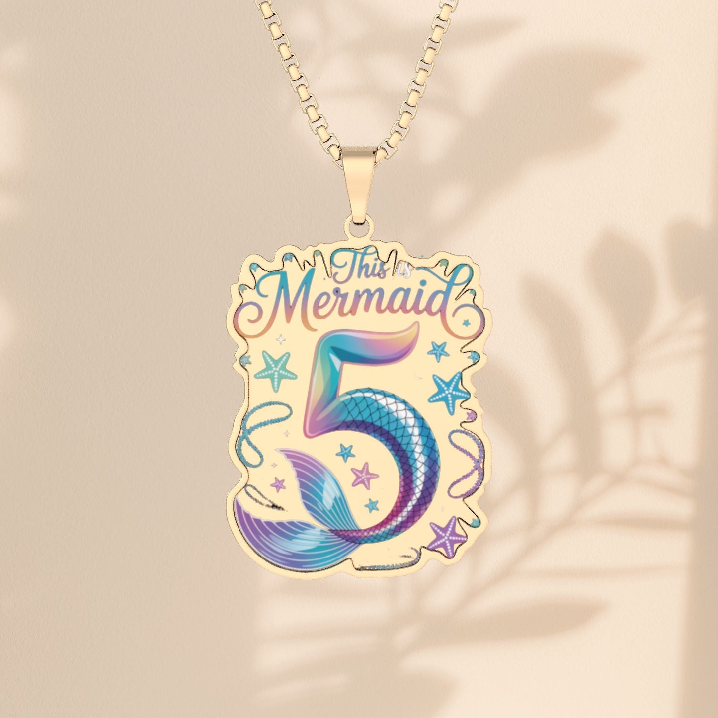 This Mermaid is 5 Birthday Pendant Necklace – Holographic Mermaid Tail Number 5 with 18” Chain | Stainless Steel, Gold Plated or Sterling Silver | 5th Birthday Mermaid Gift