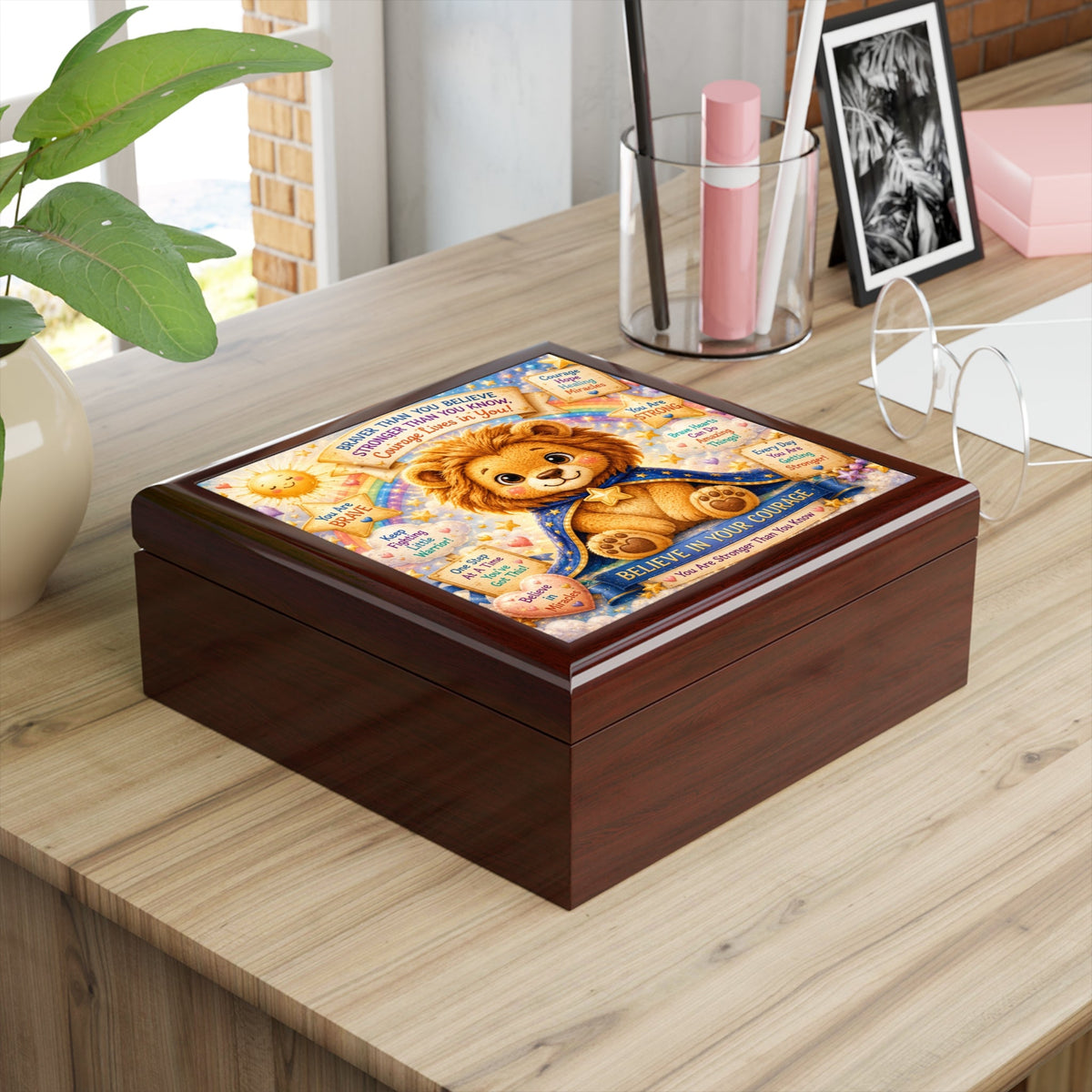 Believe in Your Courage Lion Jewelry Box - Inspirational Lion Cub Keepsake Box, Encouragement Gift for Strength, Healing, and Bravery in Golden Oak or Red Mahogany