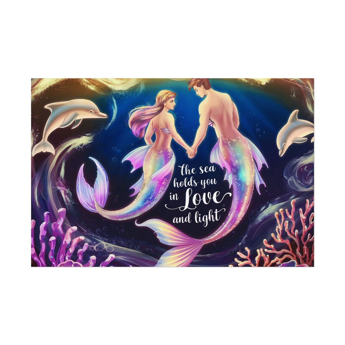 Mermaid Lovers Rolled Poster – The Sea Holds You in Love and Light | Giclée Print | Fine Art, Semi Glossy or Matte | 19 Sizes | Mermaid Couple Wall Art