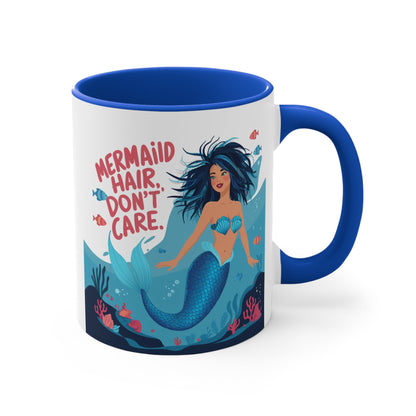 Mermaid Hair Don't Care Accent Mug – Wild Teal Mermaid Underwater Scene | 11oz White Ceramic Blue Green Pink or Red | Ocean Attitude Coffee Gift