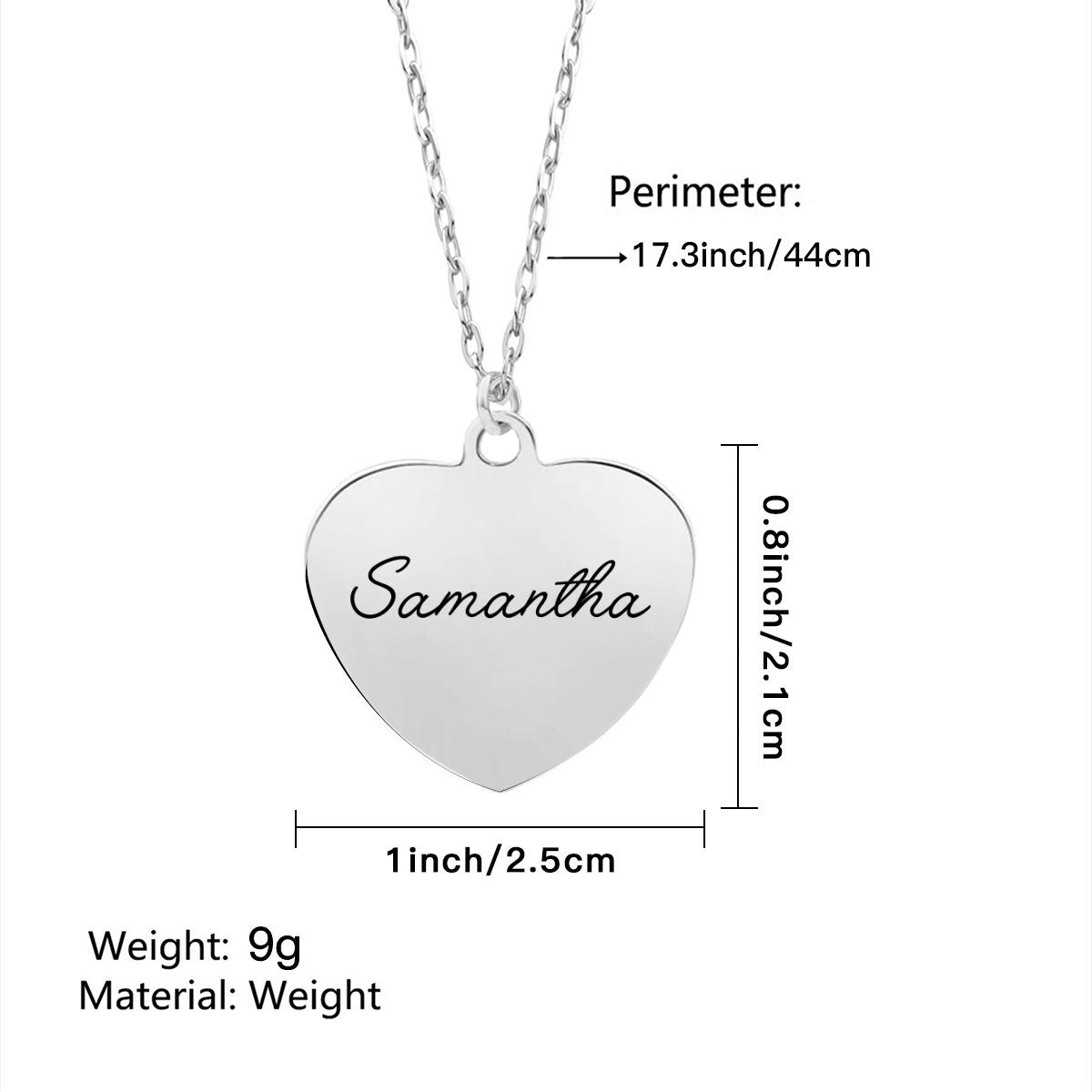 Personalized name heart necklace, silver heart pendant engraved Samantha