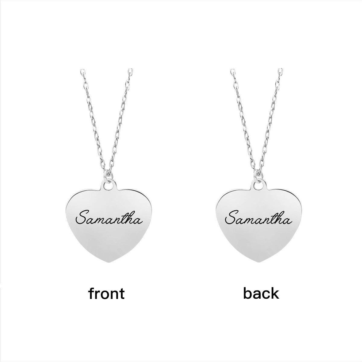 Personalized name heart necklace, silver heart pendant front engraved Samantha; back plain