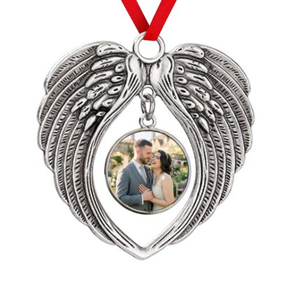 Silver angel wings heart photo ornament in gift box with pink shredded filler