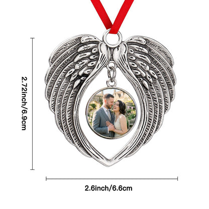 Heart angel wings photo ornament with silver-tone frame and red hanging ribbon