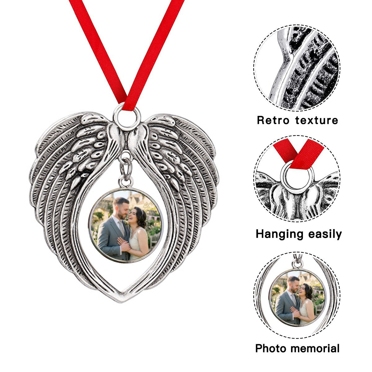 Silver-tone angel wings heart ornament with red ribbon and circular photo center