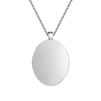 Silver scalloped oval photo pendant necklace with smooth bail and chain