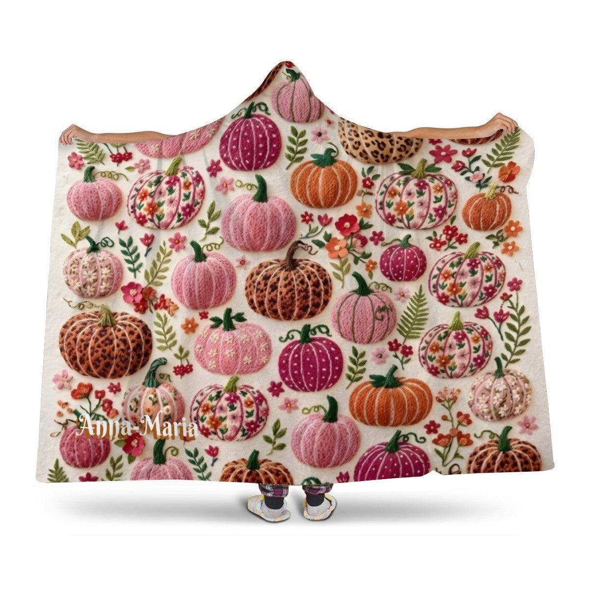 Pink-and-orange pumpkin hooded blanket with Sherpa lining and fitted hat shape.